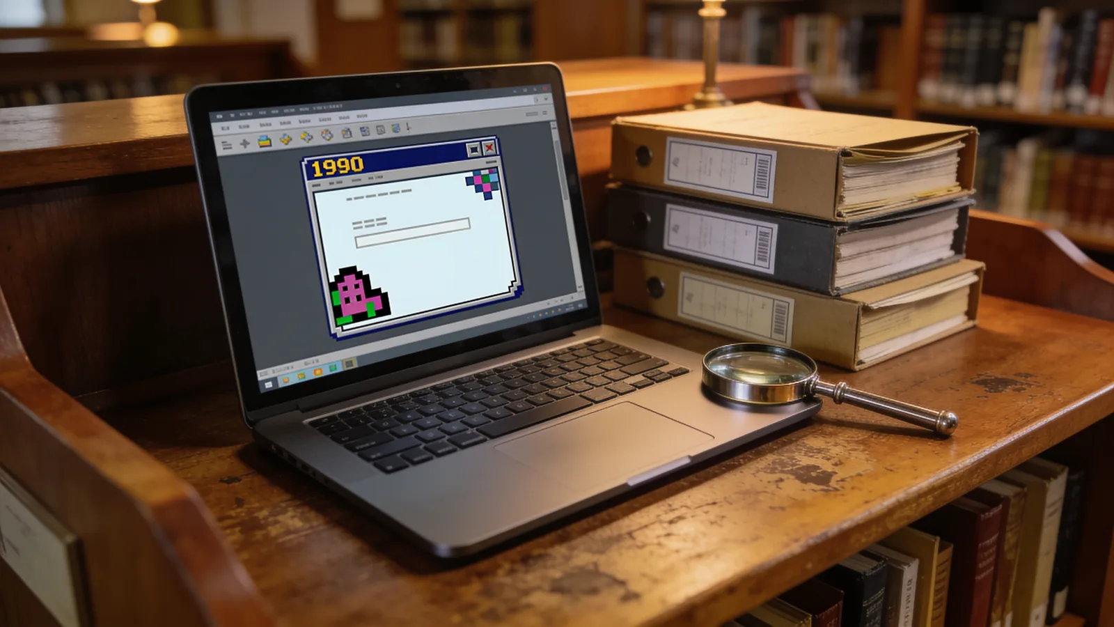 Researcher studying the historical web on a laptop beside archive boxes