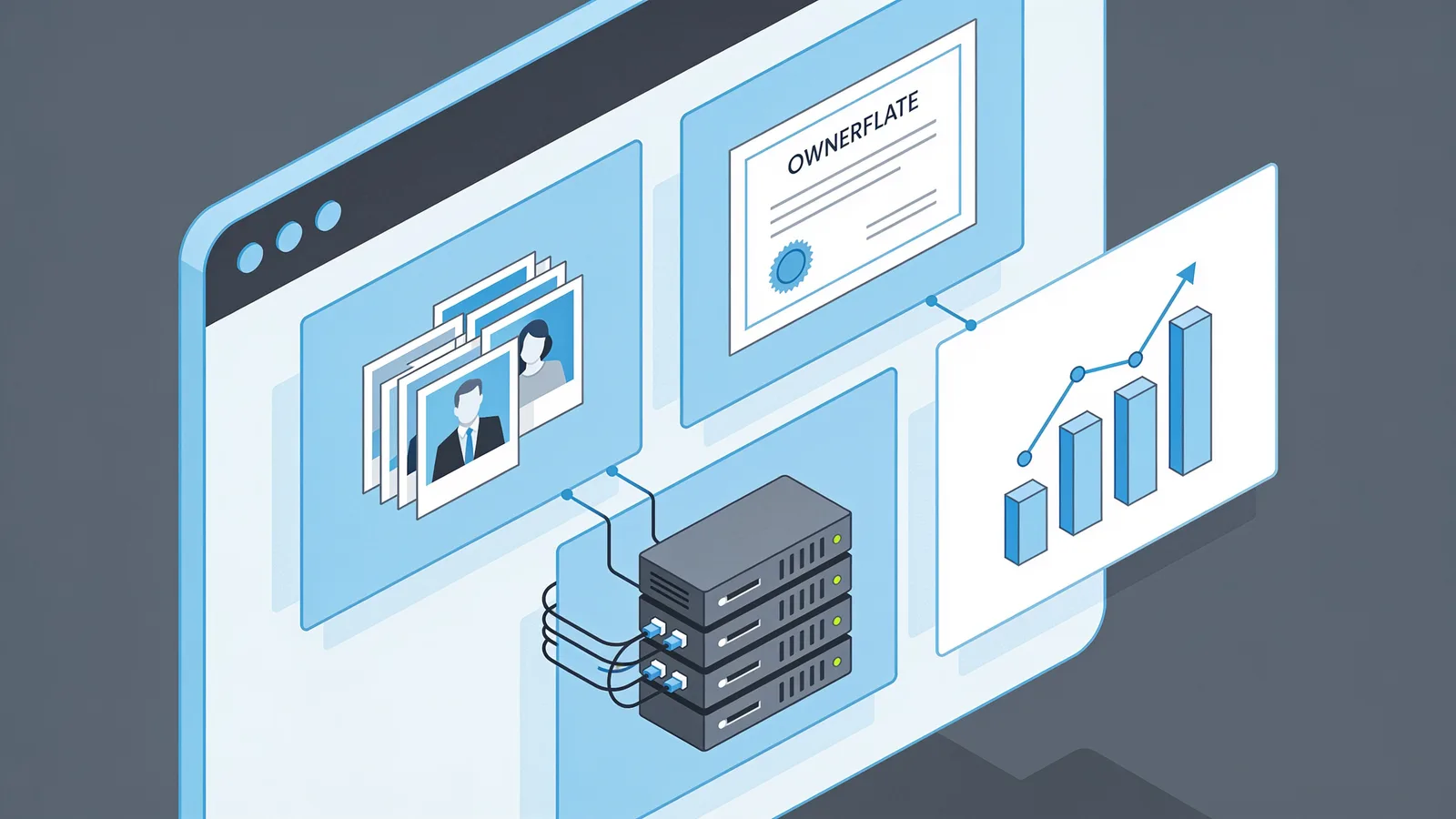 Illustration of the four layers of website history: snapshots, ownership records, hosting, and rankings